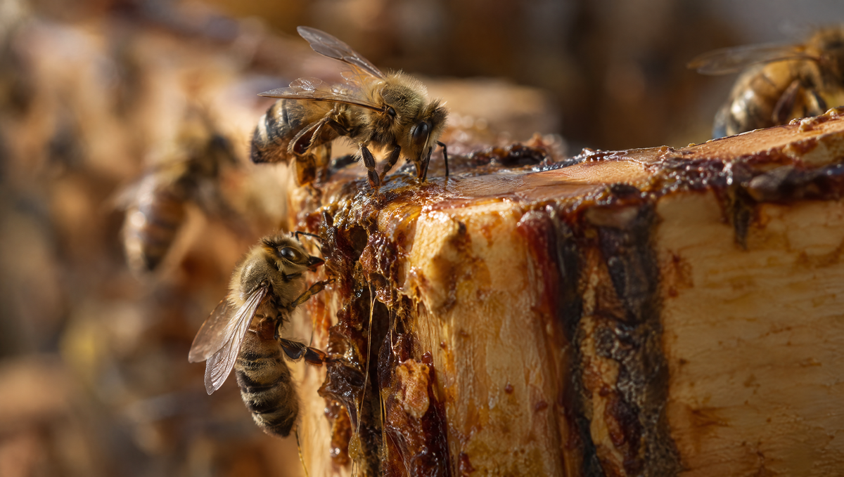 Abejas trabajando propóleo ámbar en el borde de un marco de madera de colmena
