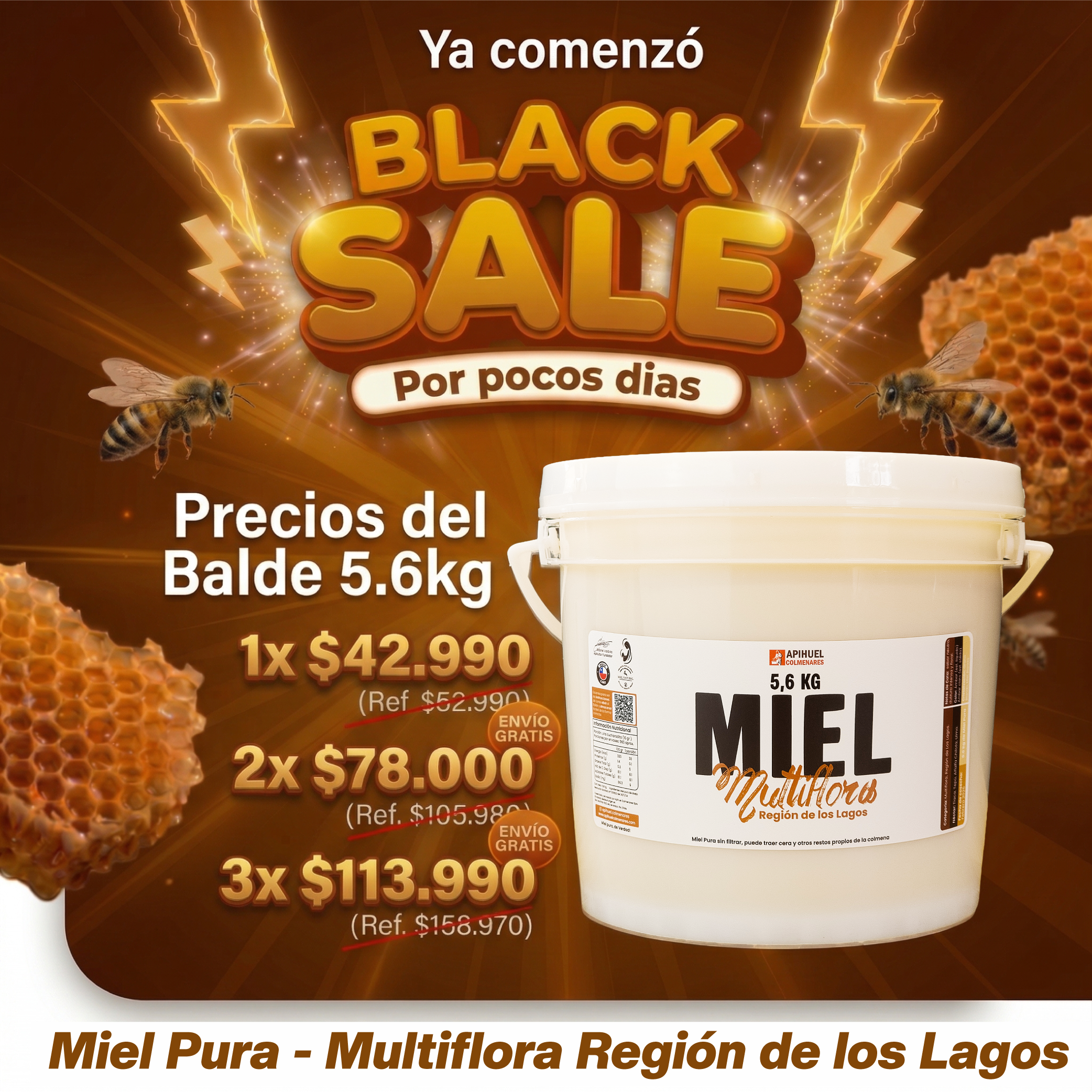 Balde Miel Multiflora de La Región de Los Lagos 5,6 kilos