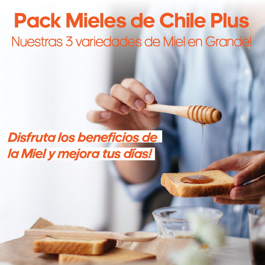 A person pouring honey onto toast from the Pack Mieles de Chile 1,3 kg, with a person holding a piece of bread with a honey dipper in the background.